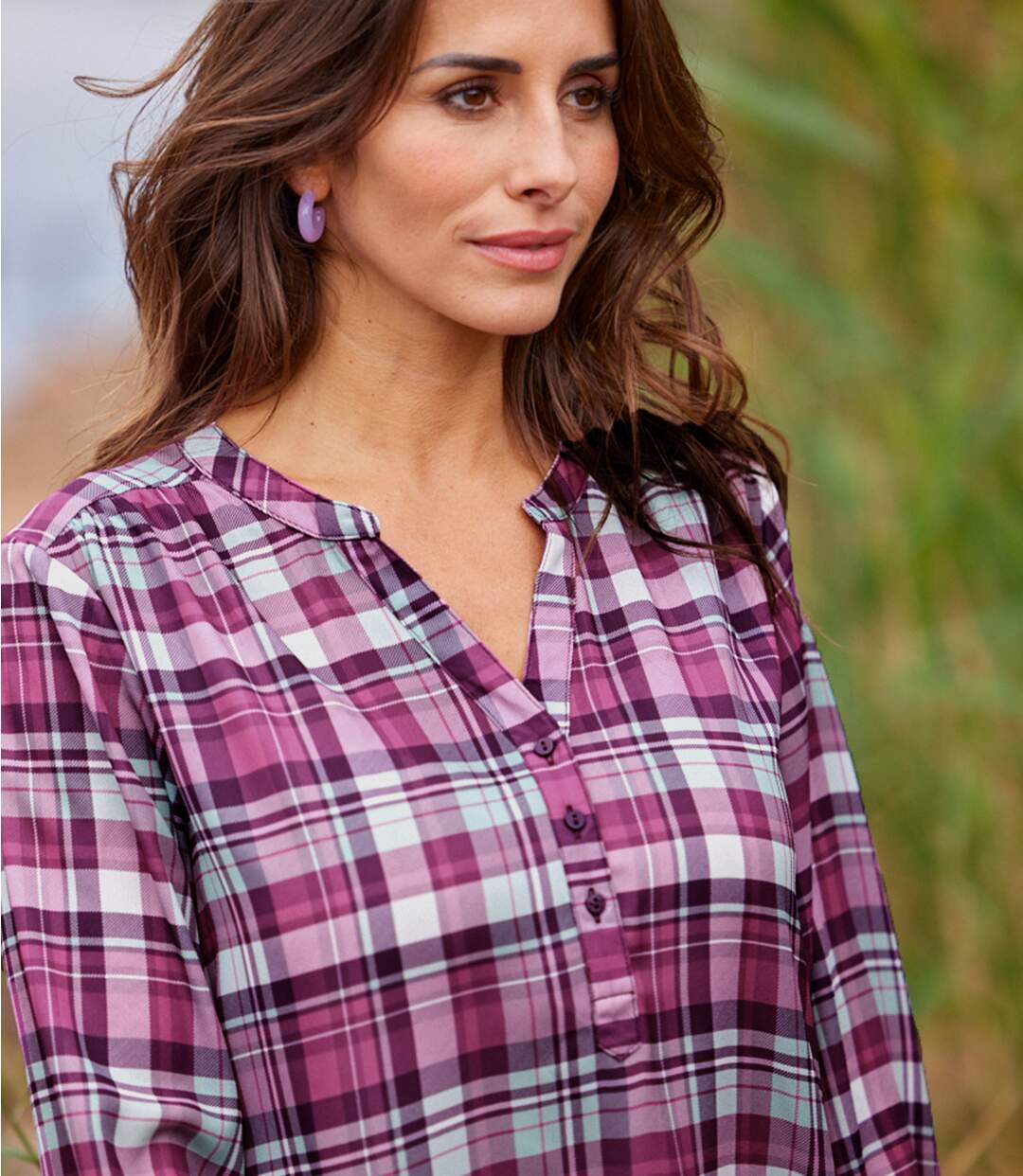 Women's Pink Checked Crepe Blouse-2