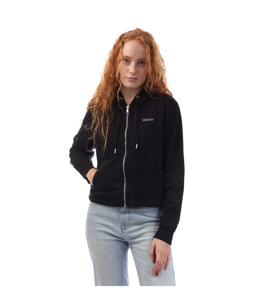 Womens/ladies Studded Logo Full Zip Hoodie Black DKNY-2