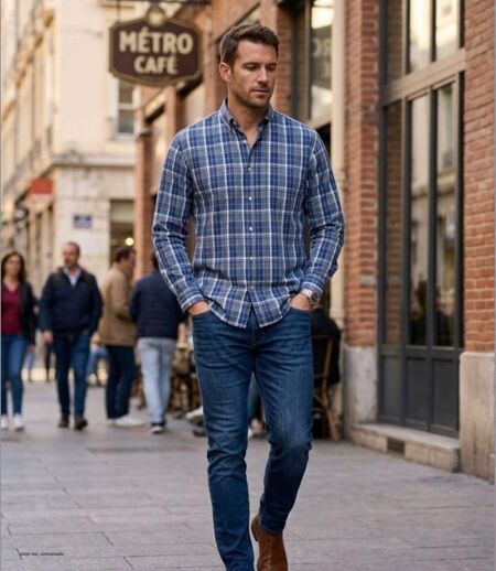 SEDETEX M031 - Chemise à carreaux manches longues pour homme avec coupe confort et repassage facile