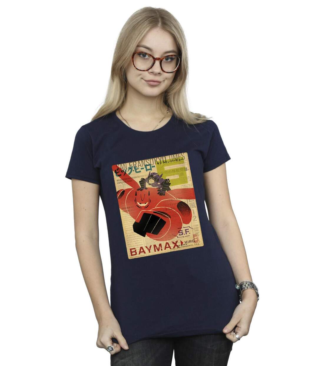 Disney - T-shirt BIG HERO BAYMAX FLYING BAYMAX NEWSPAPER - Femme (Bleu marine) - UTBI13049-2