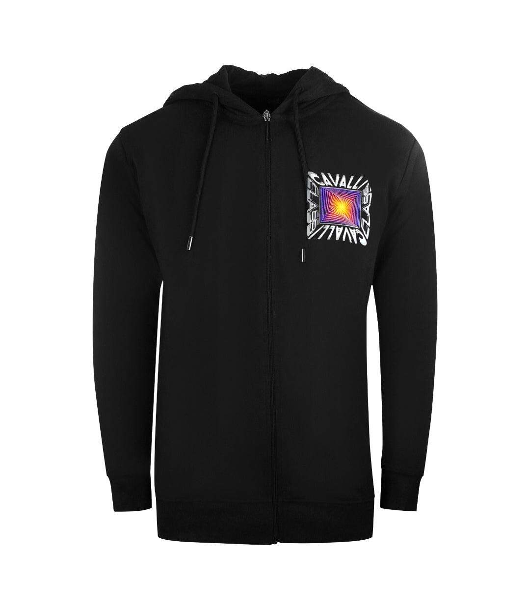 Mens Asymmetric Box Full Zip Hoodie Black Cavalli Class-1