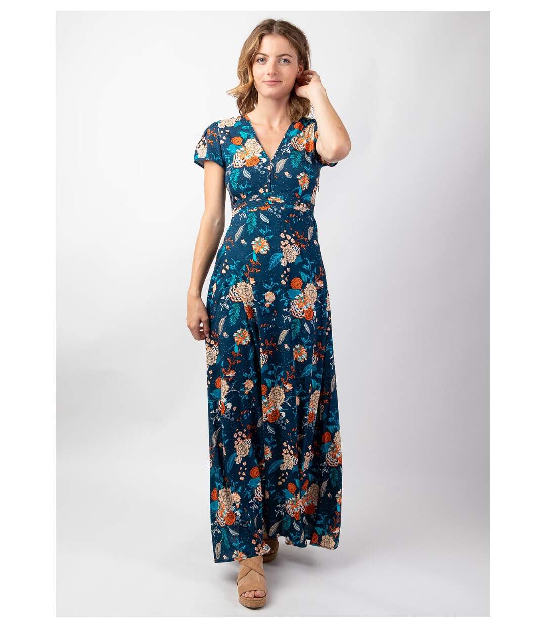 Robe longue fluide et légère MARBELLA imprimé fleuri tendance marine Coton Du Monde-2