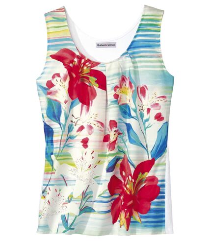Women's Dual Fabric Tank Top - White Patterned