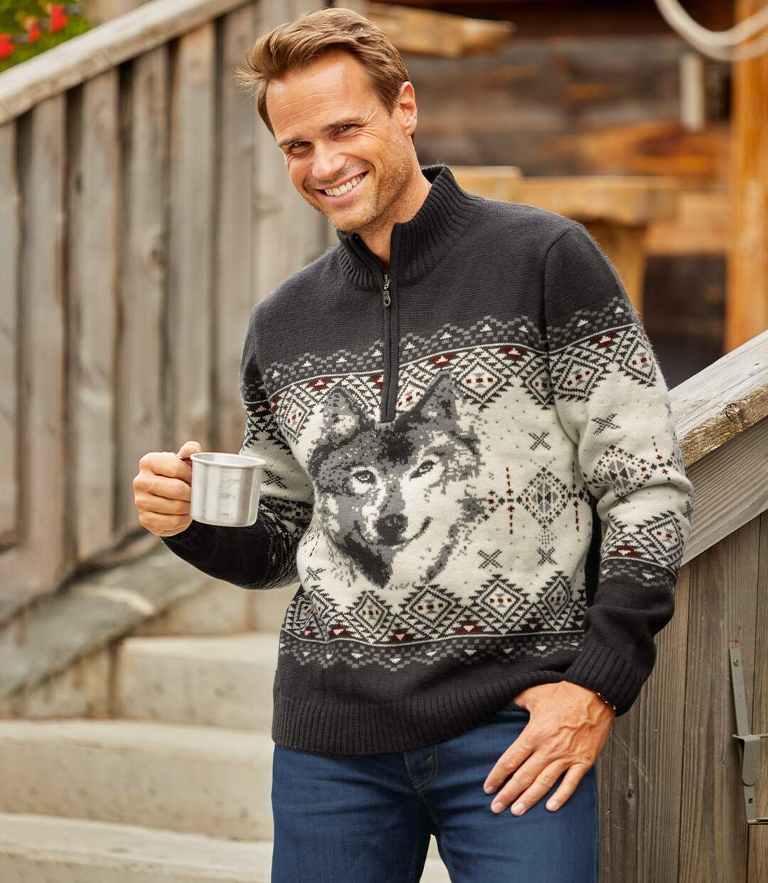 Žakárový pulovr se zapínáním u krku a s motivem vlka Atlas For Men