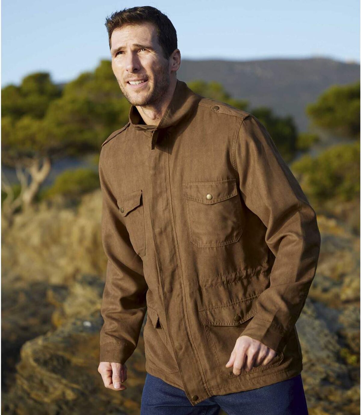 Men's Water-Repellent Faux Suede Safari Jacket - Camel - Full Zip Atlas For Men