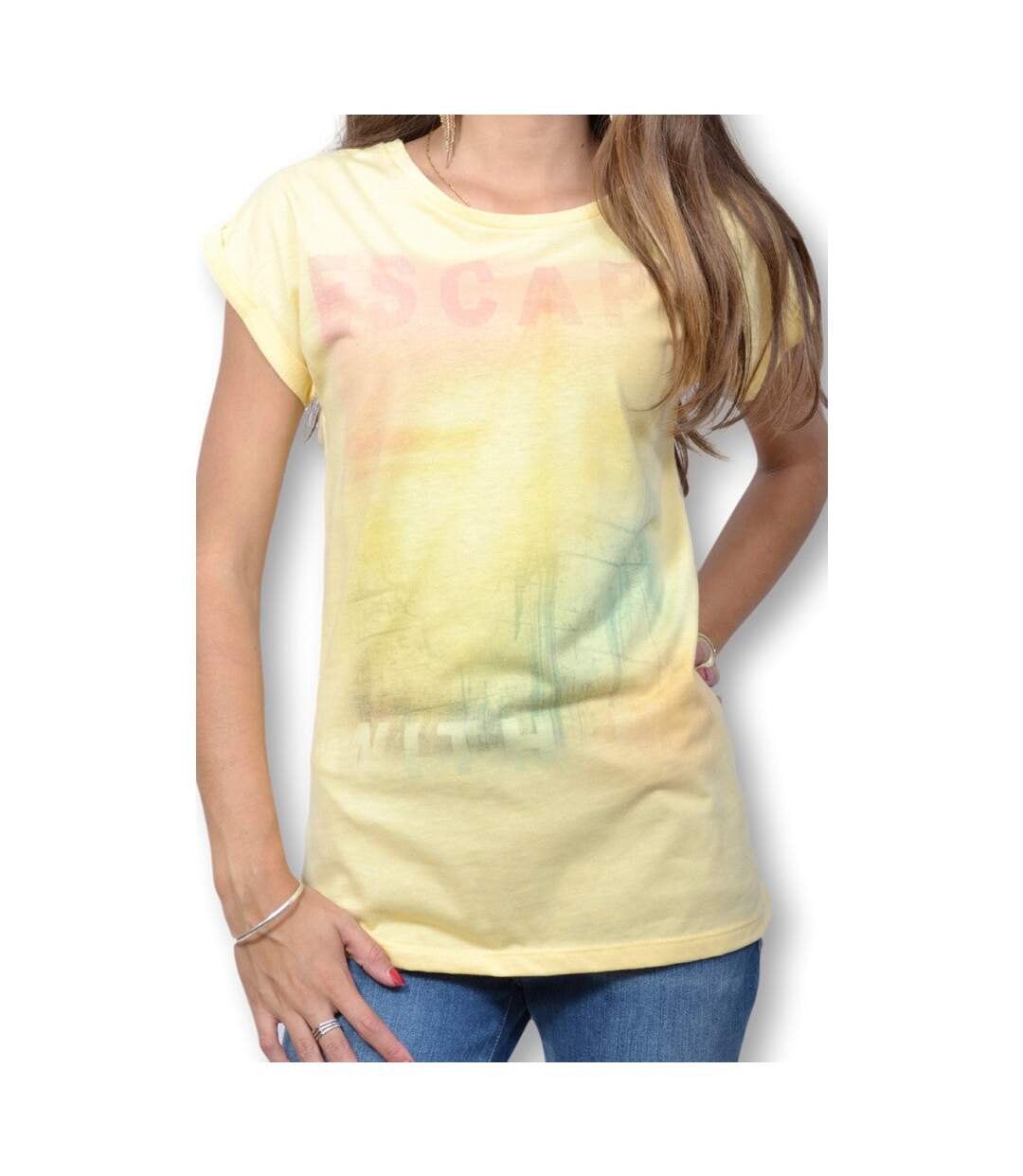 Tee shirt manches courtes femme - Jaune - Imprimé