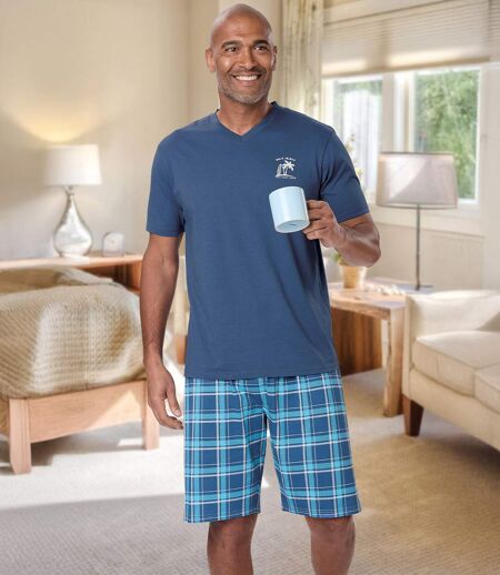 Men's Blue Checked Cotton Pyjama Short Set