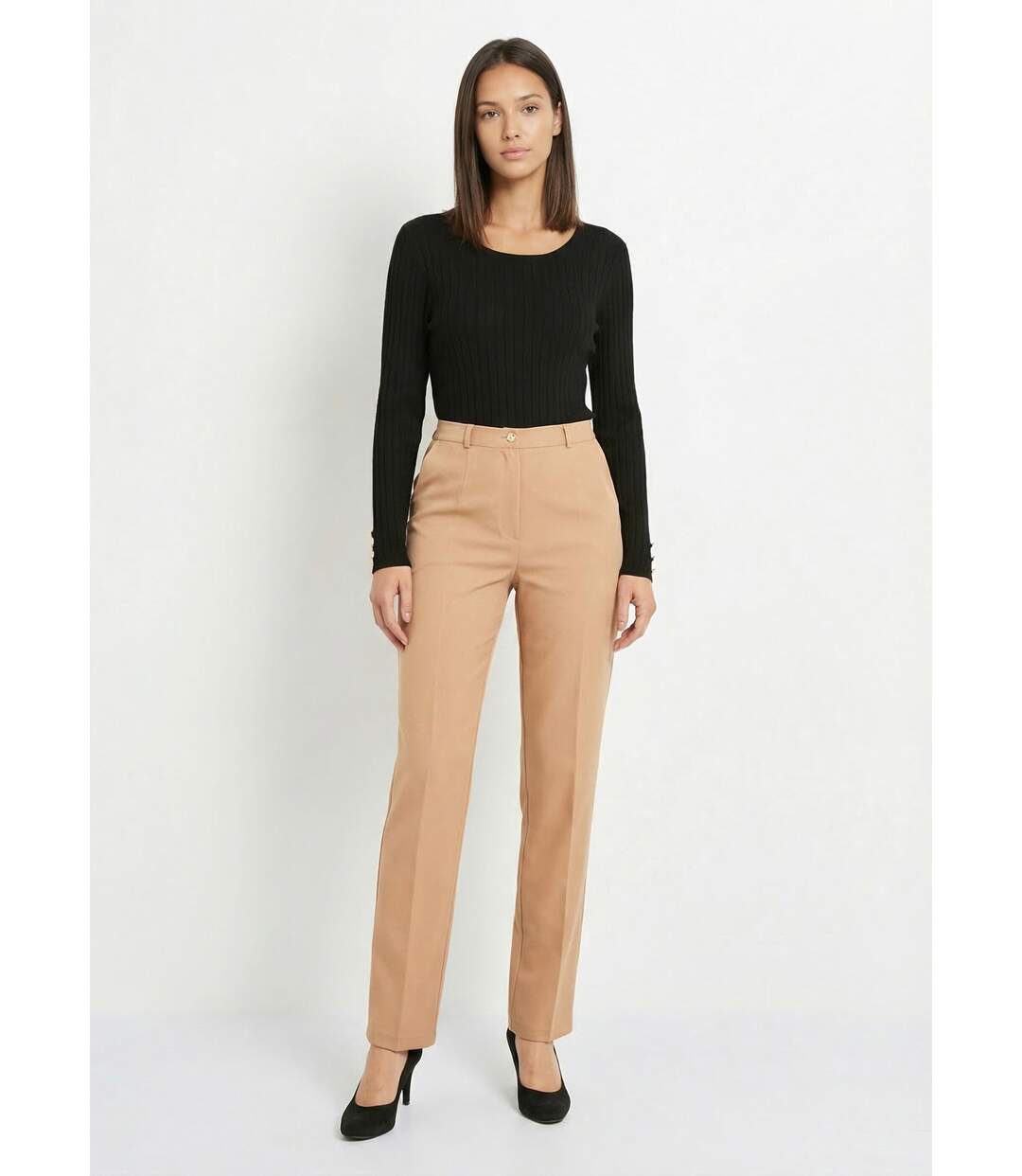 Pantalon droit uni taille semi élastiquée-4