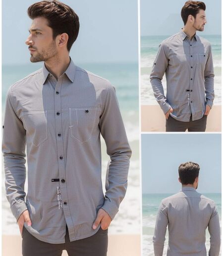Chemise en coton gris à  manches longues pour homme avec poches poitrine et finitions contrastées
