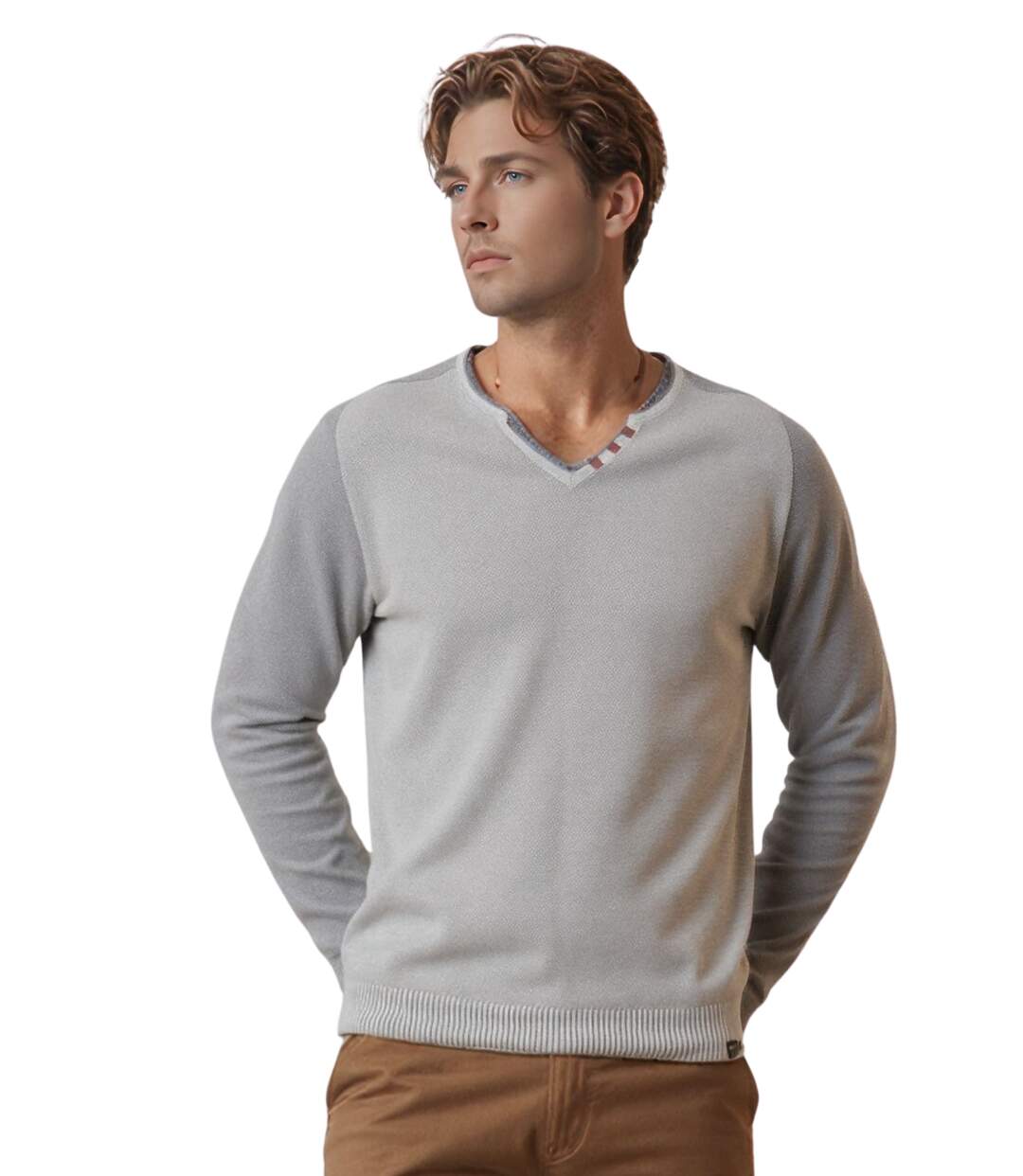 Pull gris pour homme à  manches longues - Confortable et stylé avec col en V pour un look décontracté-1