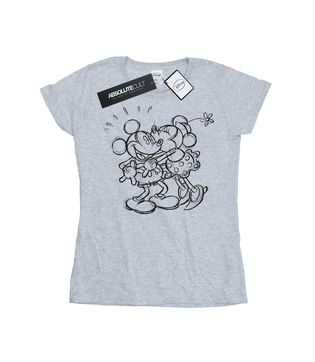 Disney T-shirt en coton Mickey et Minnie Mouse Kiss Sketch - Femmes/Ladies (Gris sportif) - UTBI30985-1