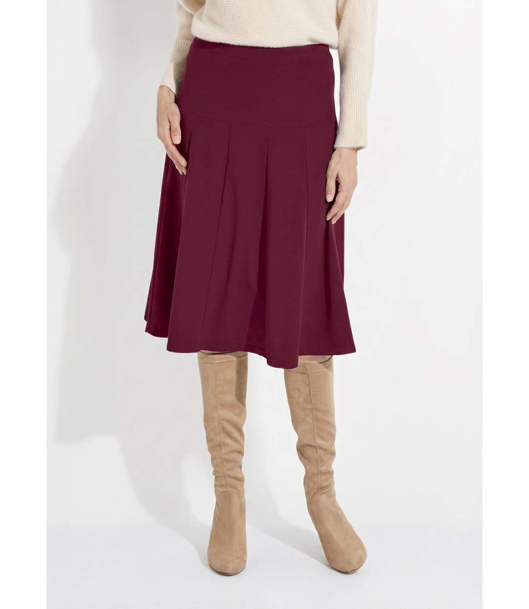 Jupe évasée mi longue unie taille élastiquée-1