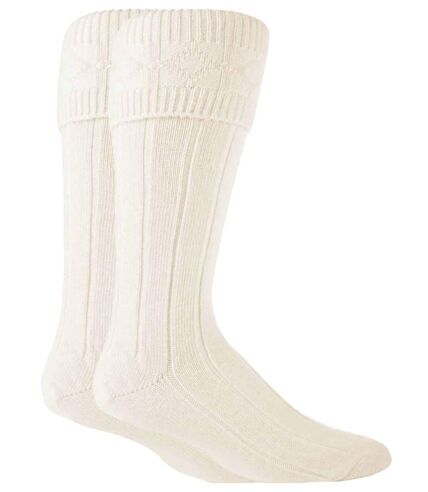 Mens Knee High Wool Ribbed Cream Hose Kilt Socks