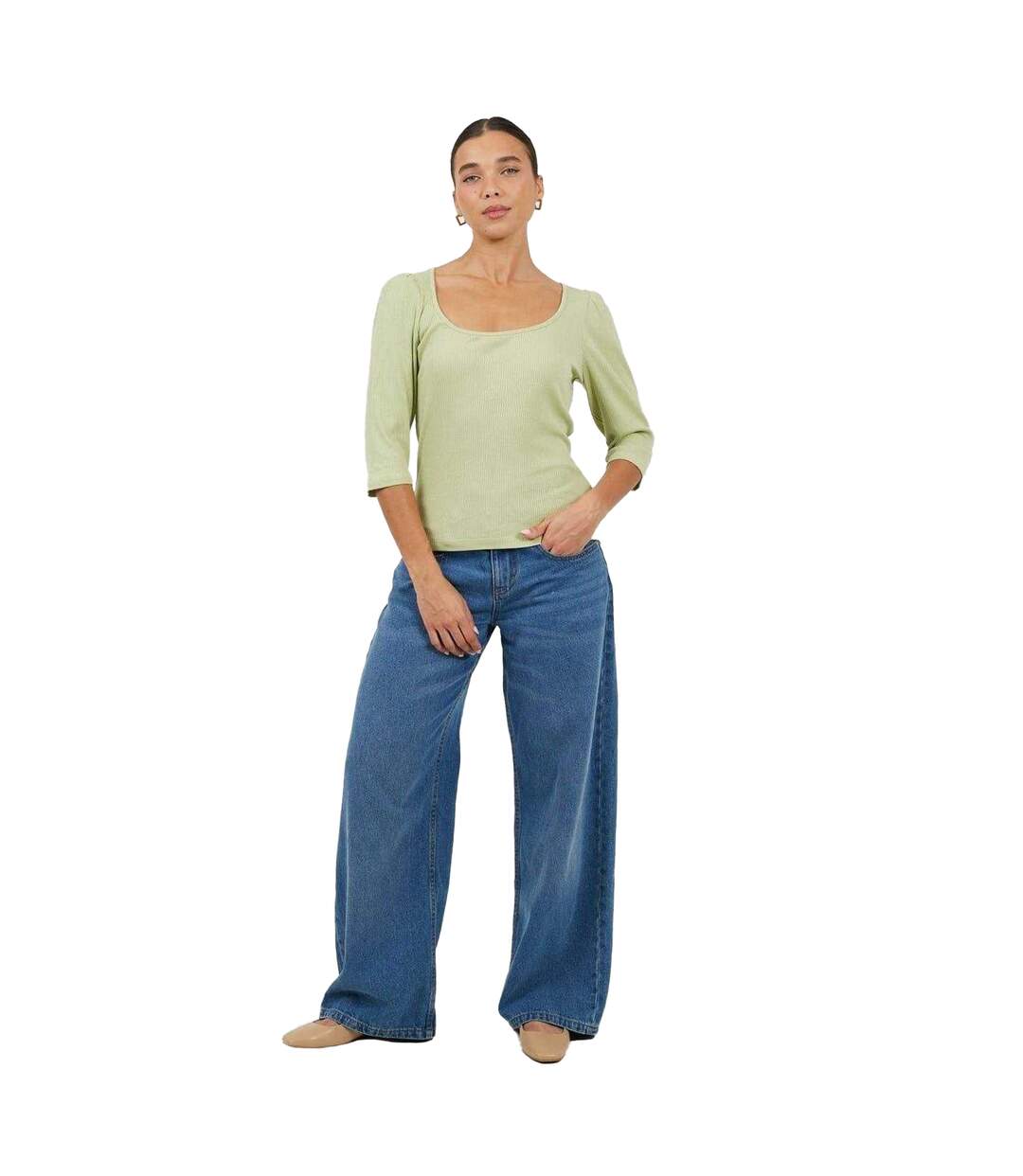 Haut Manches Bouffantes Motif/style Côtelé Femme Vert De Gris Clair Brave Soul-1