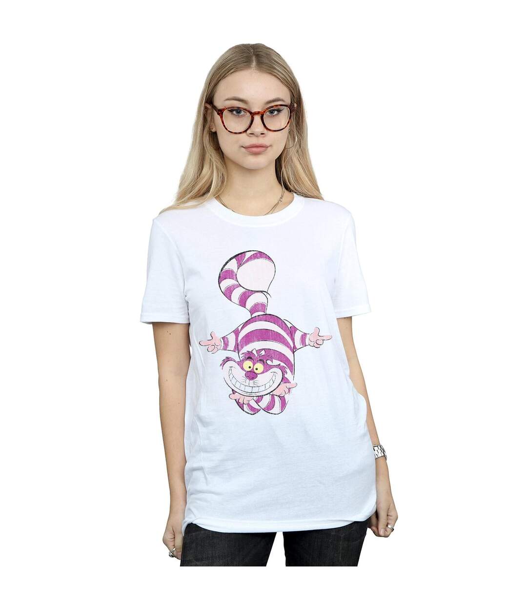 Disney Womens/Ladies Alice In Wonderland Cheshire Cat Upside Down Cotton Boyfriend T-Shirt (Blanc) - UTBI8627-2