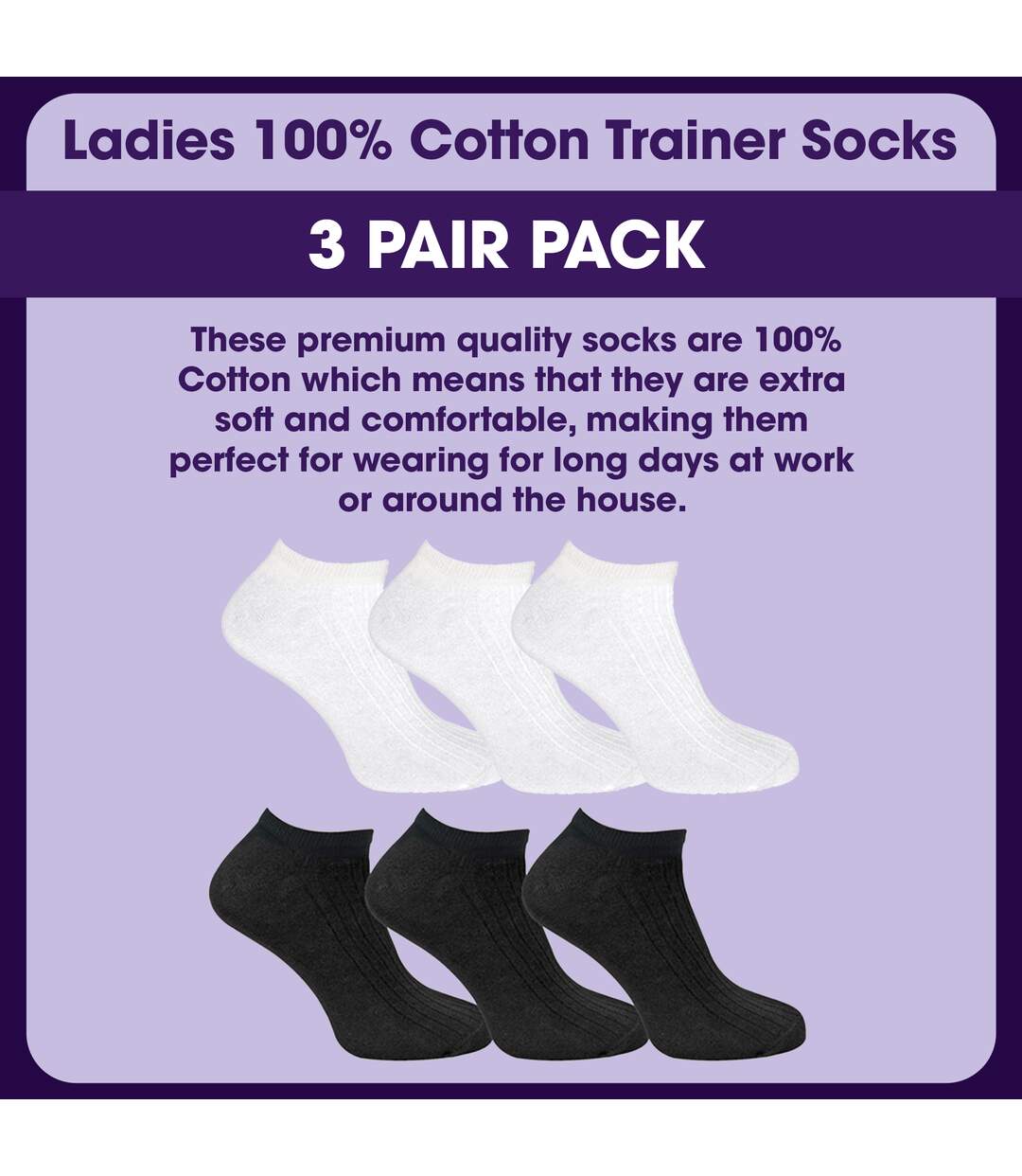 3 Pack Womens 100% Cotton Trainer Socks-3
