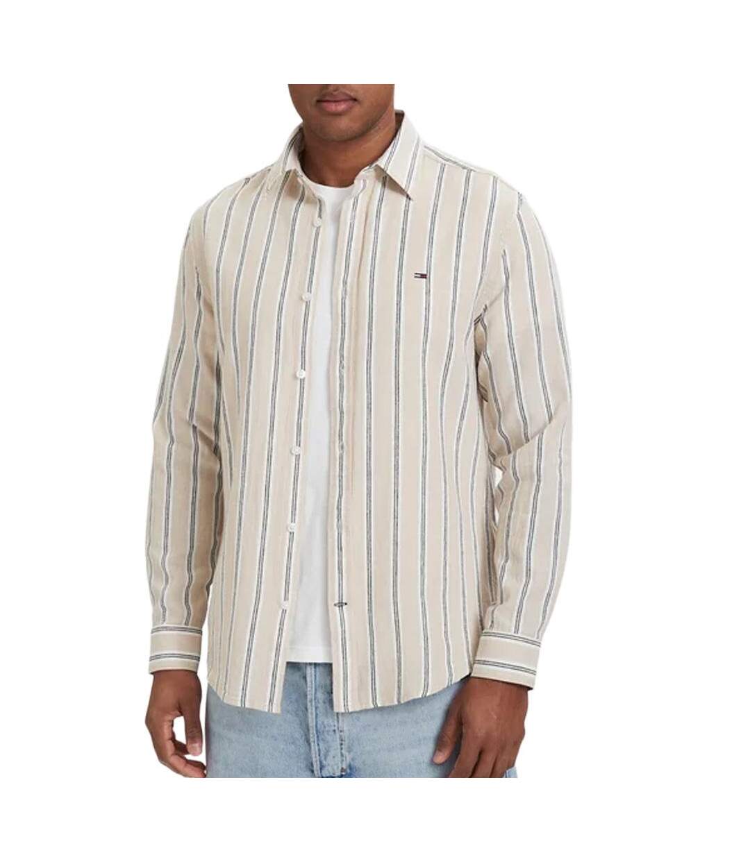 Chemise beige/blanc homme tommy hilfiger tjm reg linen-1