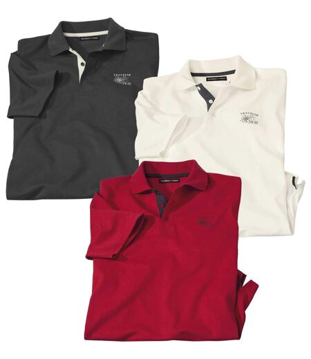 Pack of 3 Men's Adventure Polo Shirts - Ecru Red Grey