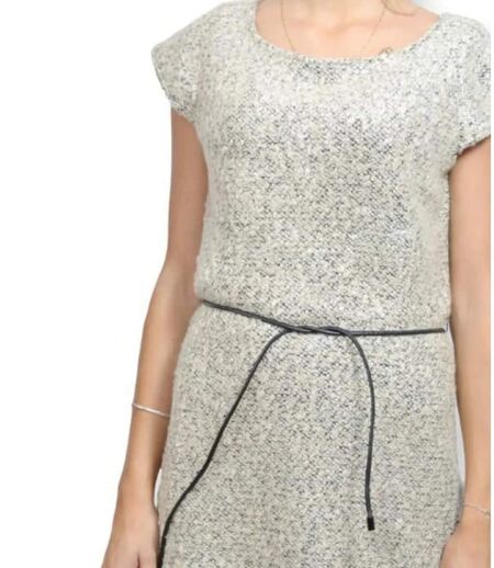 Robe Beige Chinée Sans Manches Femme, Longueur Genoux, Col Bateau, Ceinture Incluse, Doublée