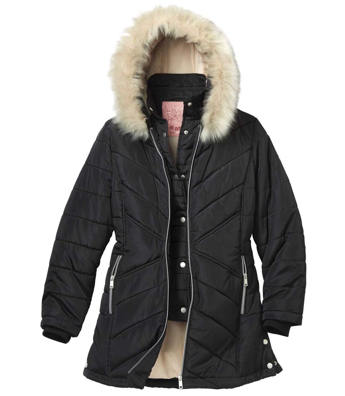 Hrejivá prešívaná bunda s kapucňou s odnímateľnou imitáciou kožušiny Atlas For Men