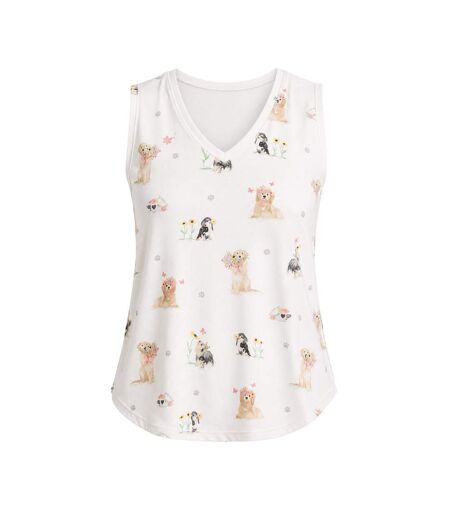 Womens/ladies Dog Print Sleeveless Pyjama Top Off White PJ Salvage