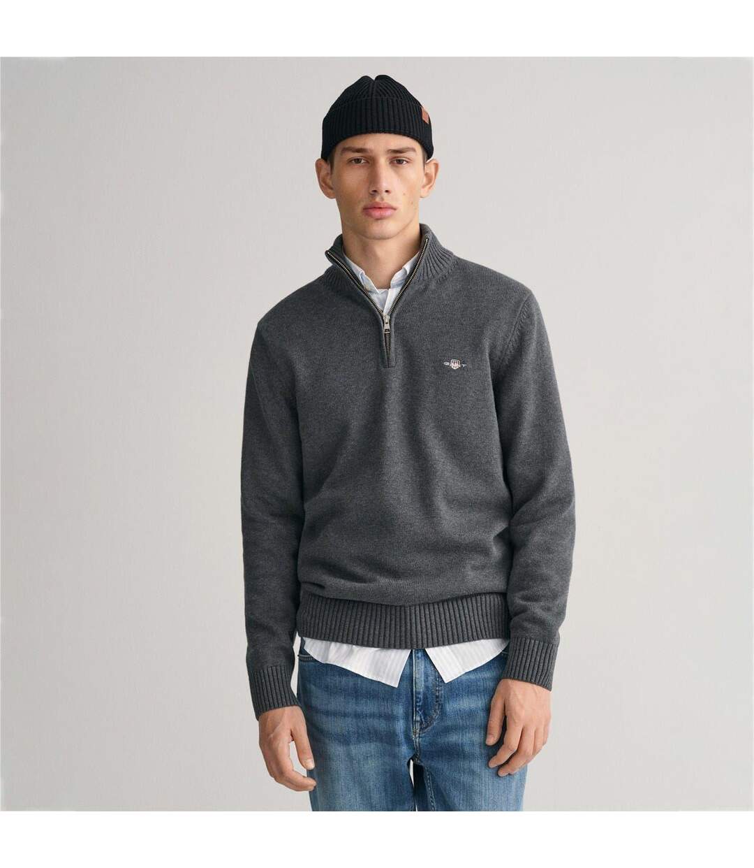 Mens Micro Textured Half Zip Sweatshirt Charcoal Gant-1