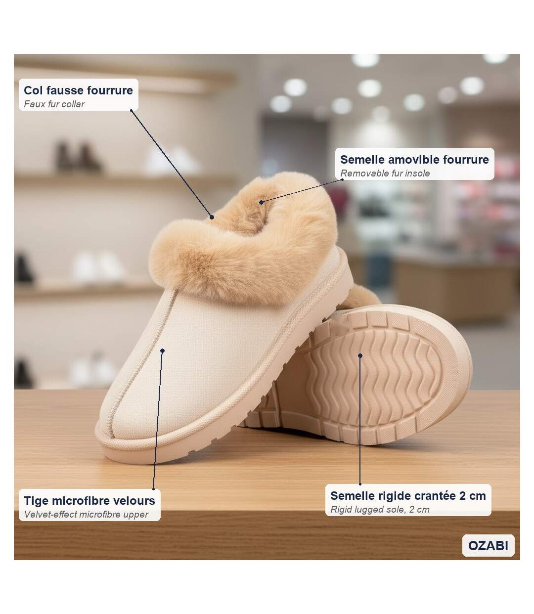 OZABI Pantoufles Femme Hiver Scandinave, Semelle Crantée Intérieur Extérieur-4