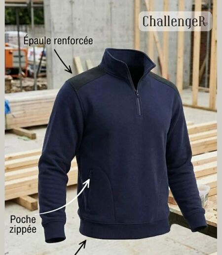 CHALLENGER PIERRO6 — Sweat molleton col camionneur bleu marine : chaleur et résistance