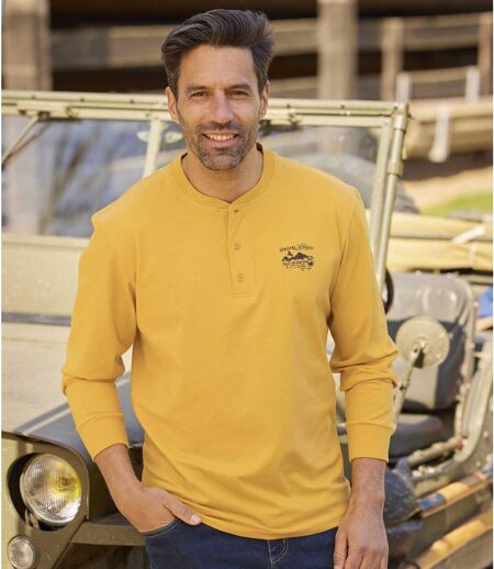 Pack of 2 Men's Button-Neck Long-Sleeved Tops - Anthracite Yellow