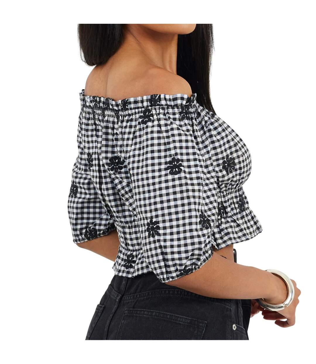 Womens/ladies Anglaise Gingham Puff Sleeve Top Black White Brave Soul-3