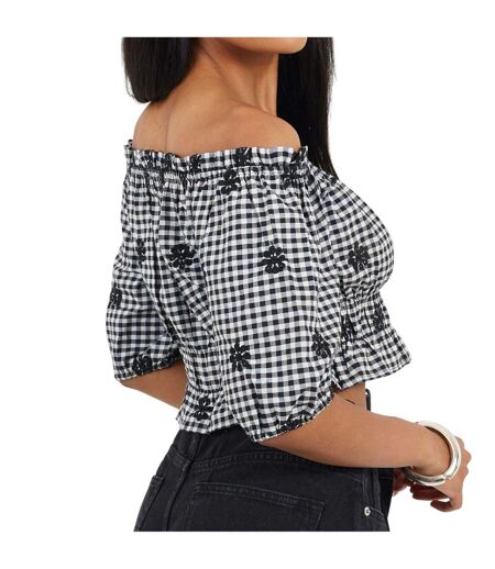 Womens/ladies Anglaise Gingham Puff Sleeve Top Black White Brave Soul