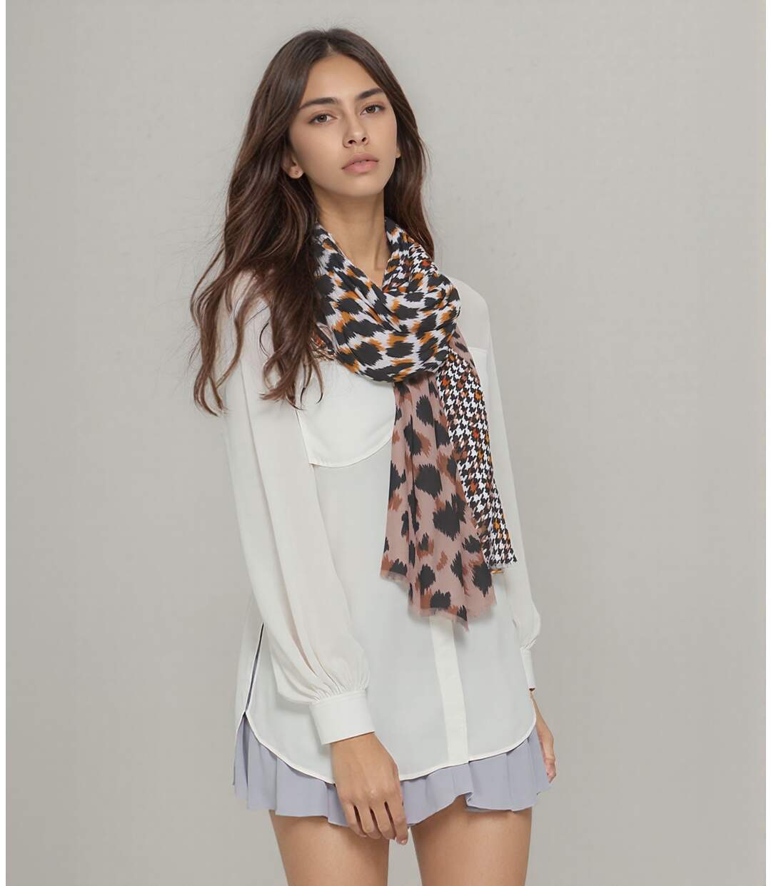 Echarpe Femmes en Coton et Viscose Taupe à  Motifs Graphiques-4