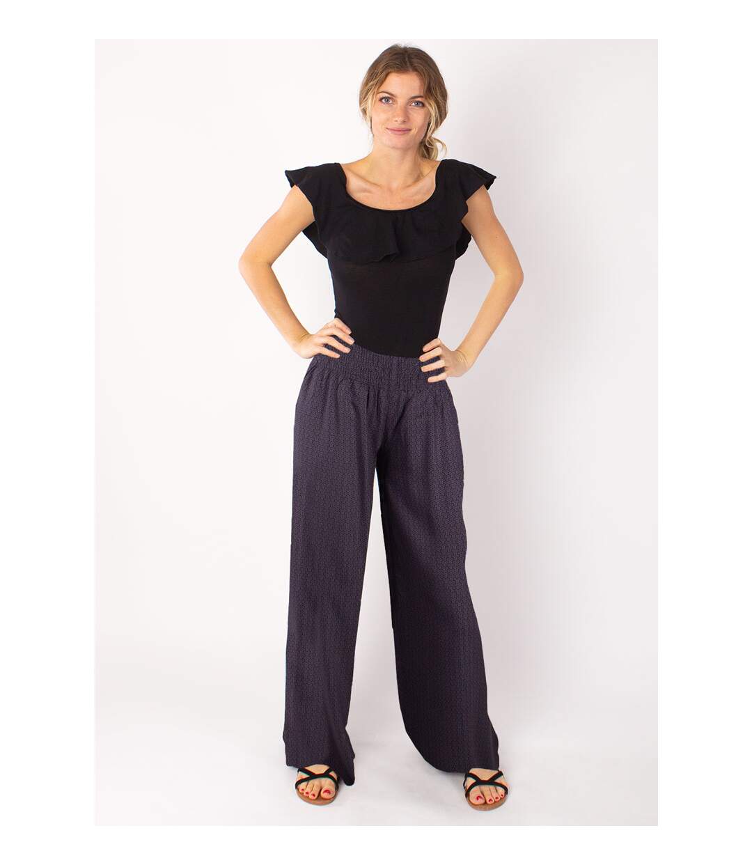 Pantalon fluide en viscose SANDY imprimé ethnique gris Coton Du Monde-2