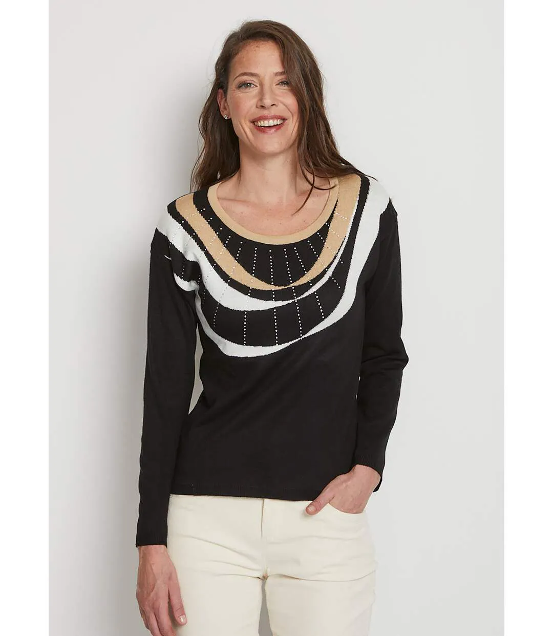 Pull court jacquard strassé col rond-1