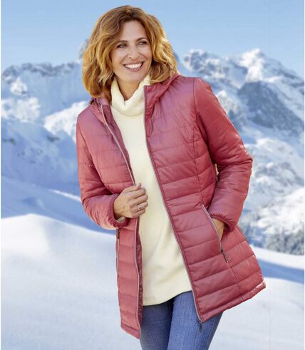 Long manteau matelassé irisé rose à capuche femme