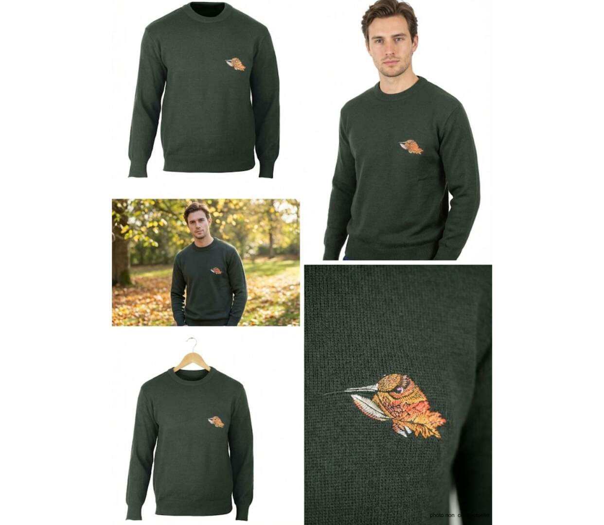 Pull Ras du Cou Homme Ledertys Kaki avec Broderie Bécasse-3