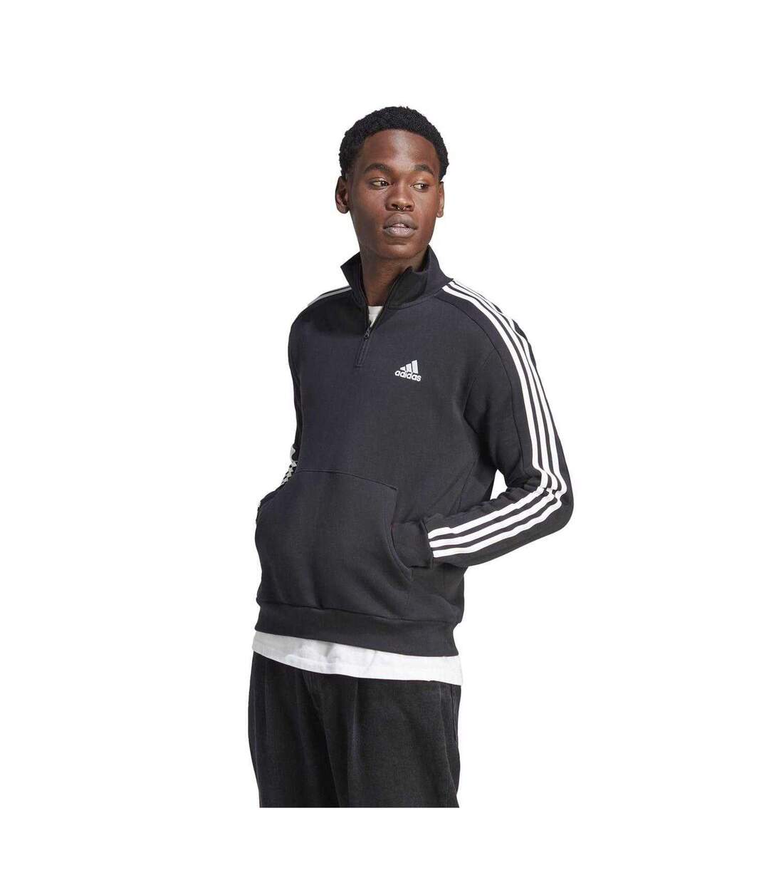 Mens 3 Stripes Quarter Zip Long-sleeved Sweatshirt Black White Adidas-4