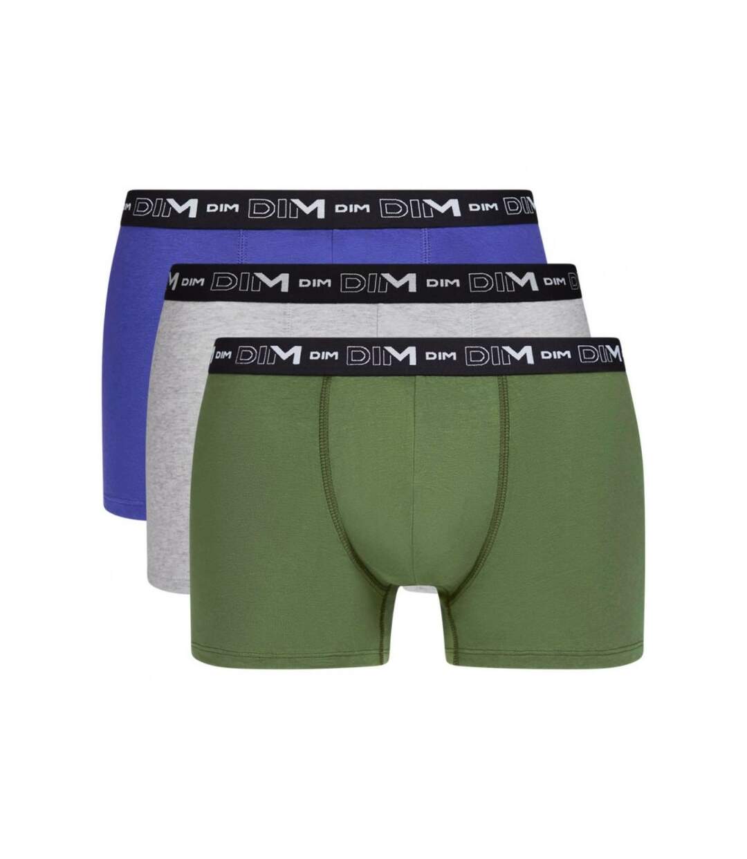 DIM Lot de 3 Boxers Homme Coton STRETCH Forêt noire Bleu égyptien Quartz chiné