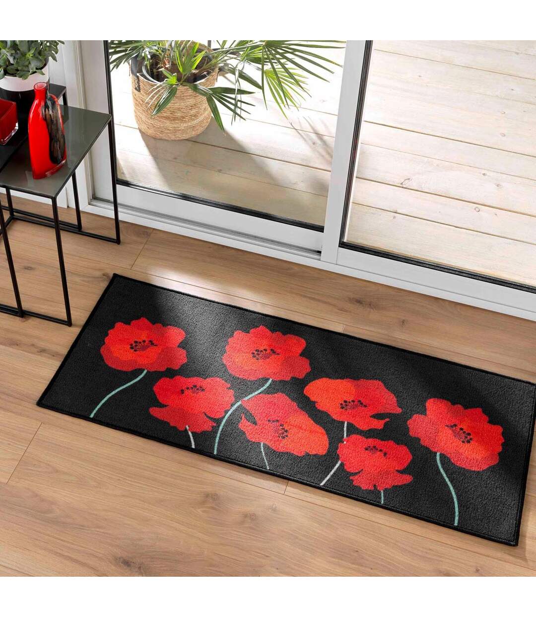 Tapis Déco Imprimé Coquelicots 50x120cm Noir & Rouge-4