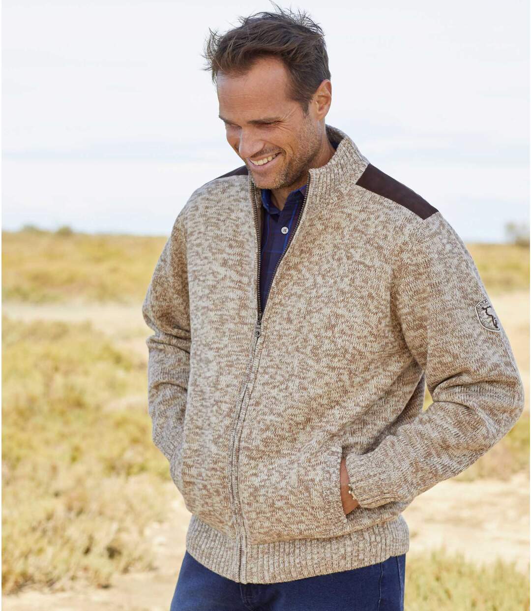 Men's Beige Fleece-Lined Knitted Jacket Atlas For Men