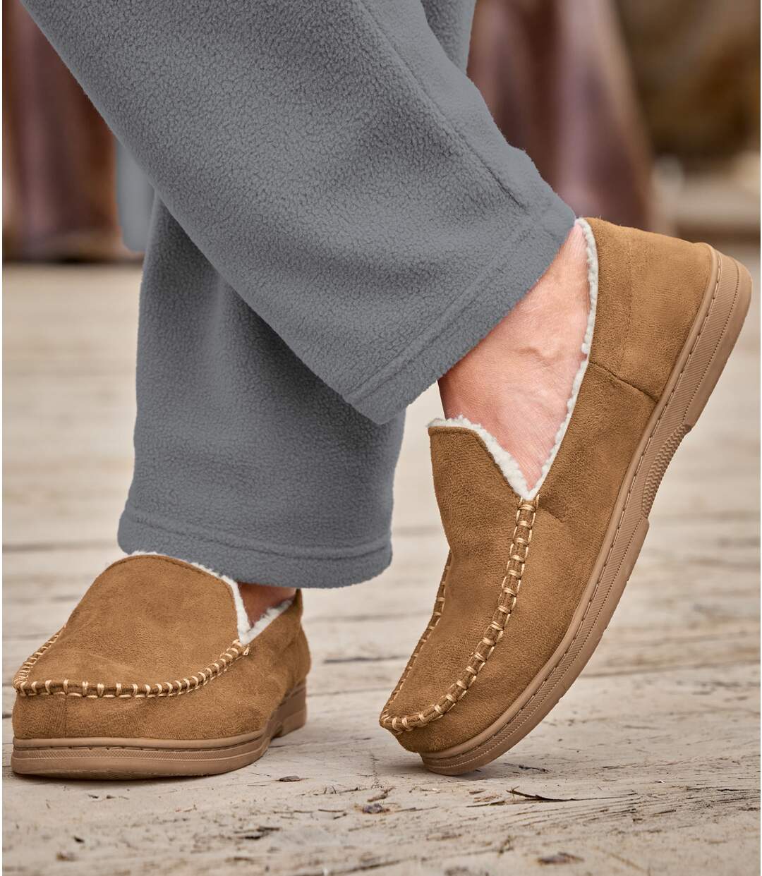 Men's Camel Sherpa-Lined Faux-Suede Slippers