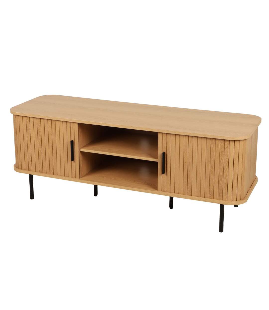 Meuble TV 2 portes coulissantes effet tasseau BONNIE - Beige-1