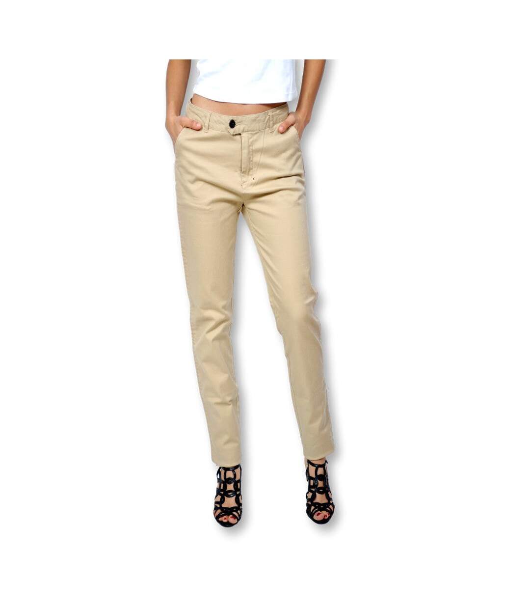 Pantalon femme taille haute couleur beige