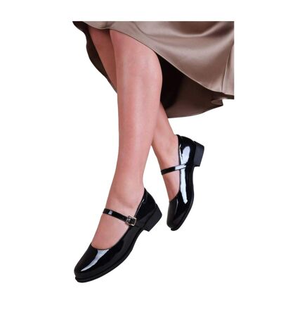 Womens/ladies kingston patent leather buckle detail wide low heel shoes black Where´s That From