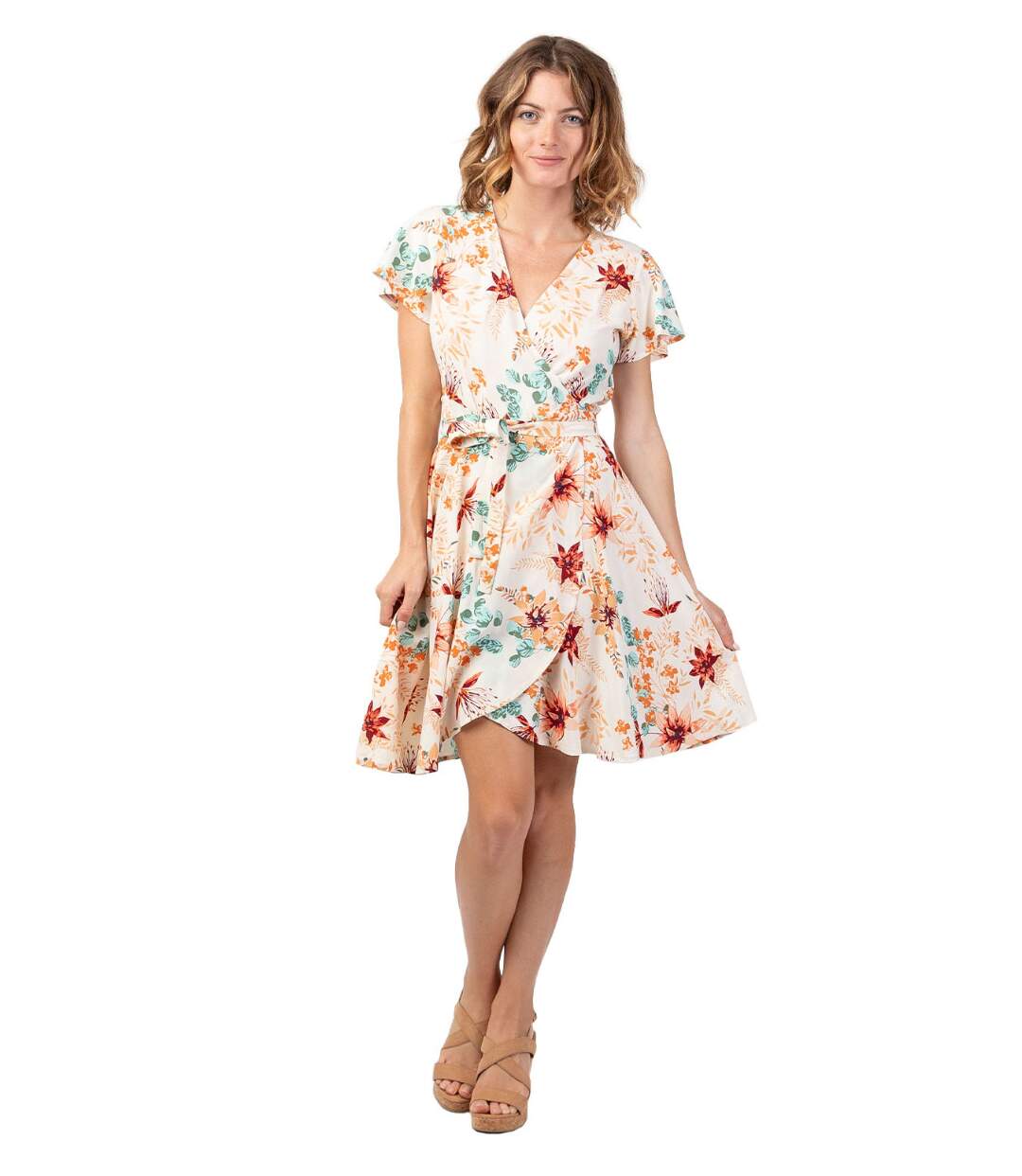 Robe courte fluide cache-cœur MARIKA  motif fleuri romantique Coton Du Monde-1