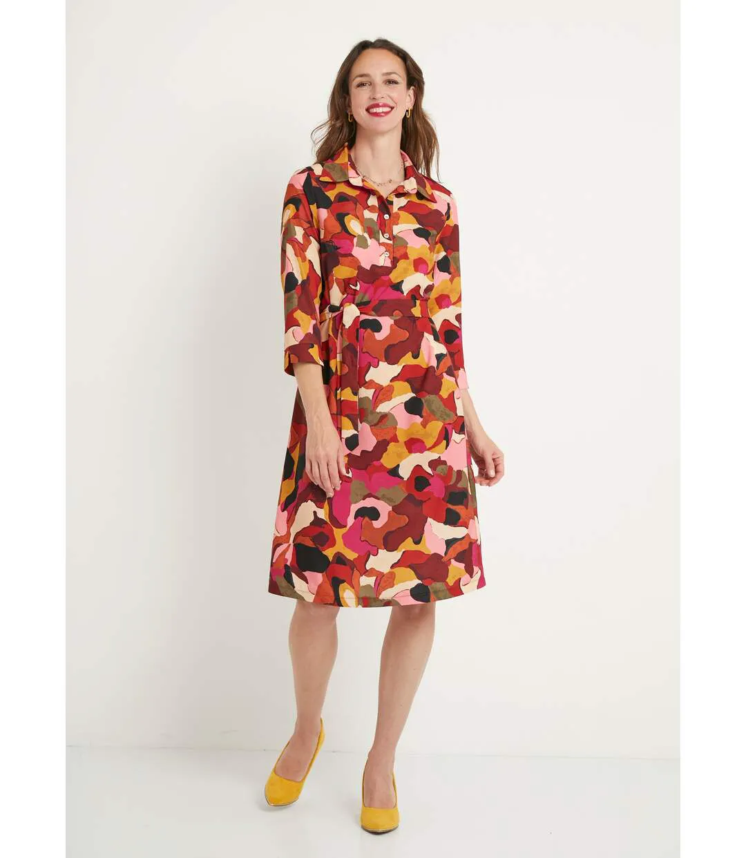 Robe droite courte imprimée col chemisier-1