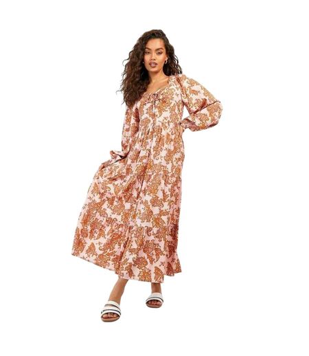 Robe Longue Manches Bishop Motif/style Cachemire Femme Rose Violet Romance