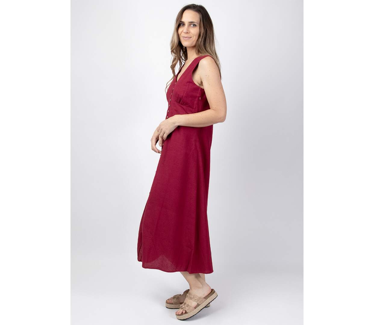 Robe longue larges bretelles SERAPHINE couleur unie framboise Coton Du Monde-3