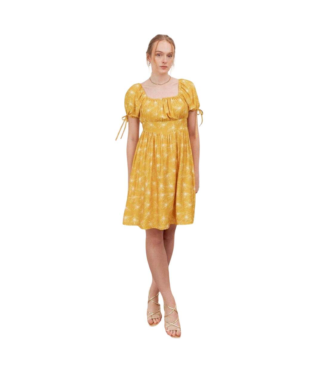 Robe Courte Manches À Nouer Motif/style Floral Femme Jaune Lovedrobe-1