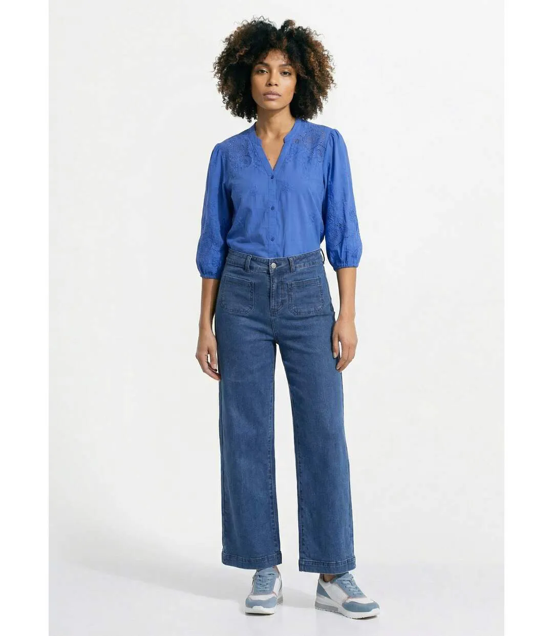 Chemisier long coton brodé manches 3/4-3